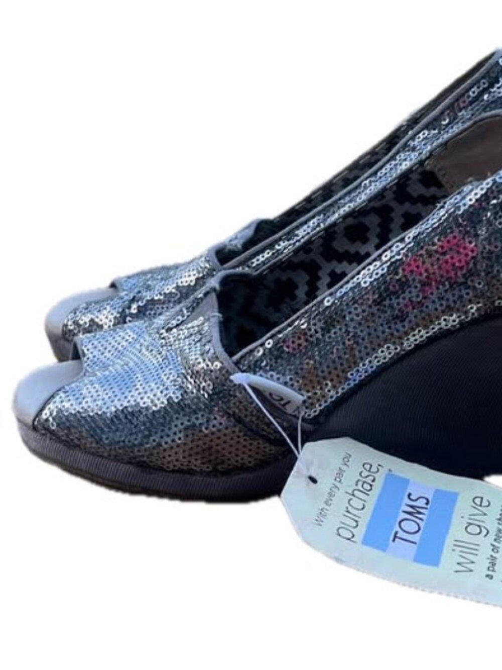 NWT TOMS Calypso Silver Sequin Open Toe Wedges - Size 5.5